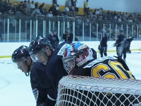 Three of the Blues' top prospects -- from left, Aaron Palushaj, Brett Sonne, and goalie Jake Allen -- are honing the skills with the Baby Blues at the Traverse City Prospect Tournament. ('Game Time' photo by Brian Weidler