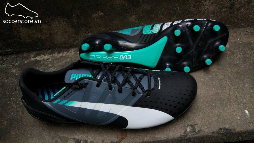 Puma evoSPEED 1.3 FG- Black/ White/ Turbulence/ Pool Green