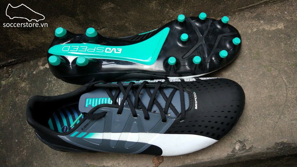 Puma evoSPEED 1.3 FG- Black/ White/ Turbulence/ Pool Green