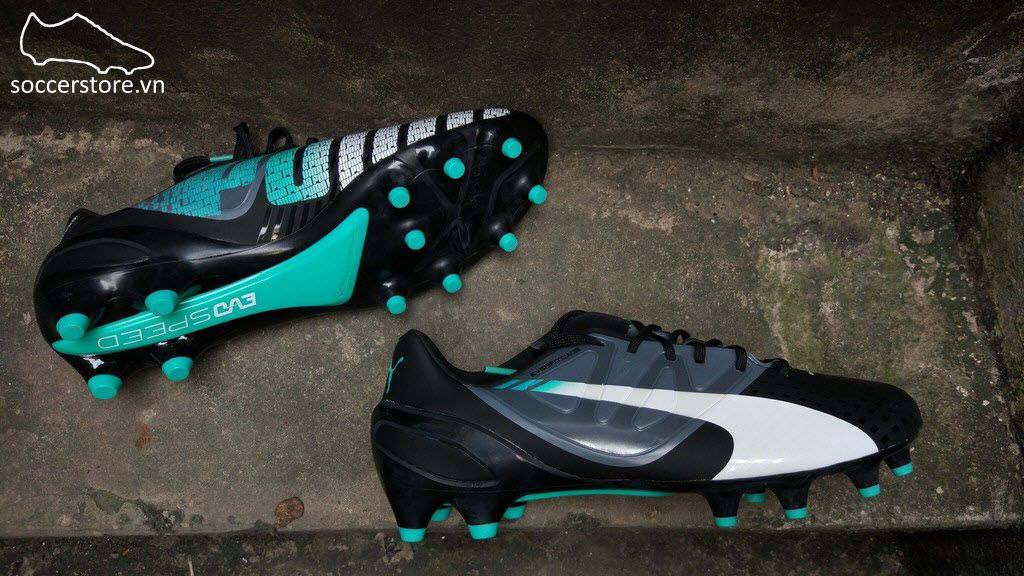 Puma evoSPEED 1.3 FG- Black/ White/ Turbulence/ Pool Green